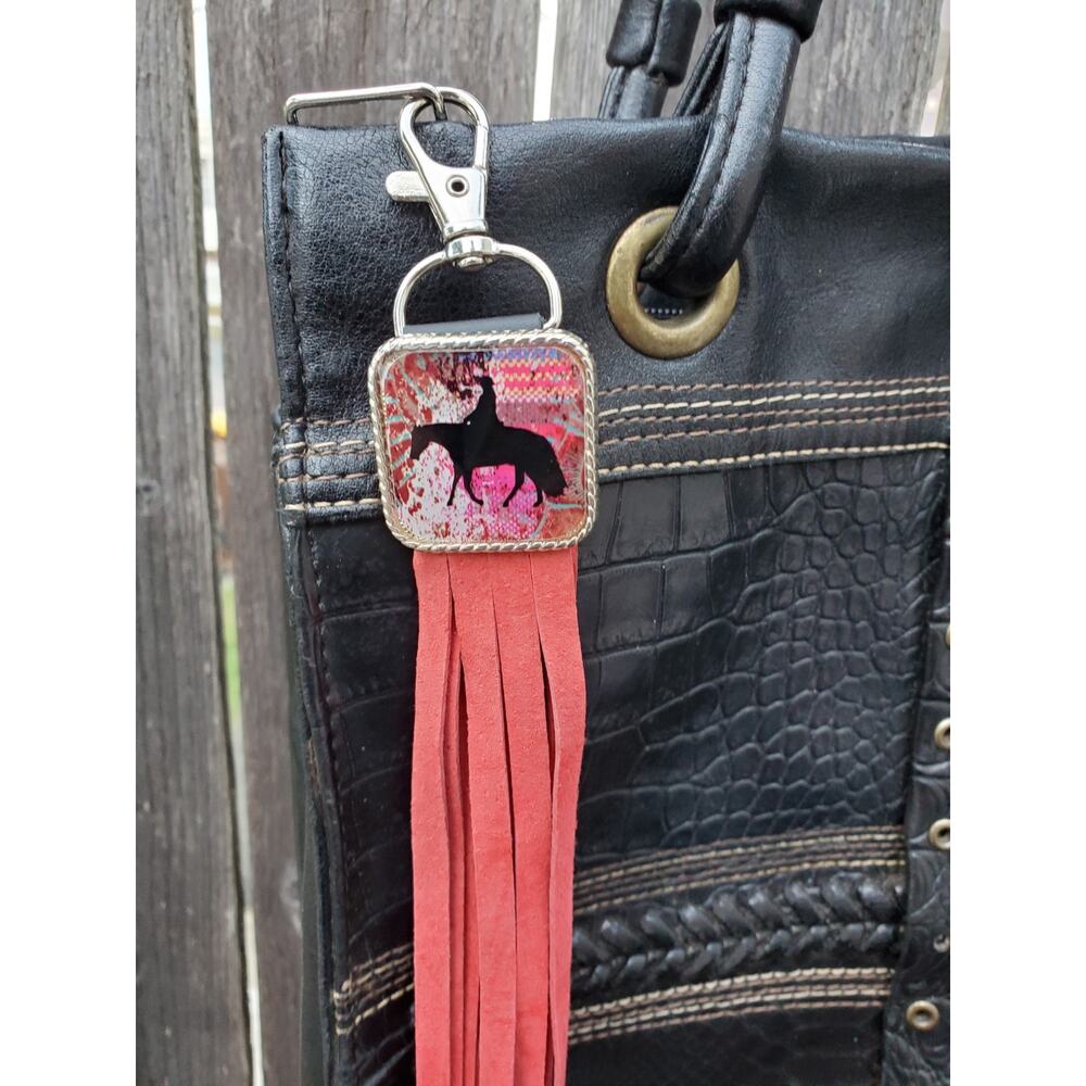 Handmade boho horse Leather Fringe Western bag charm, Long fringe keychain